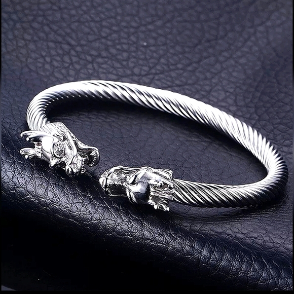 Dragon Viking Sterling Silver Plated Stainless Steel Bangle Cuff Bracelet - Picture 8 of 16